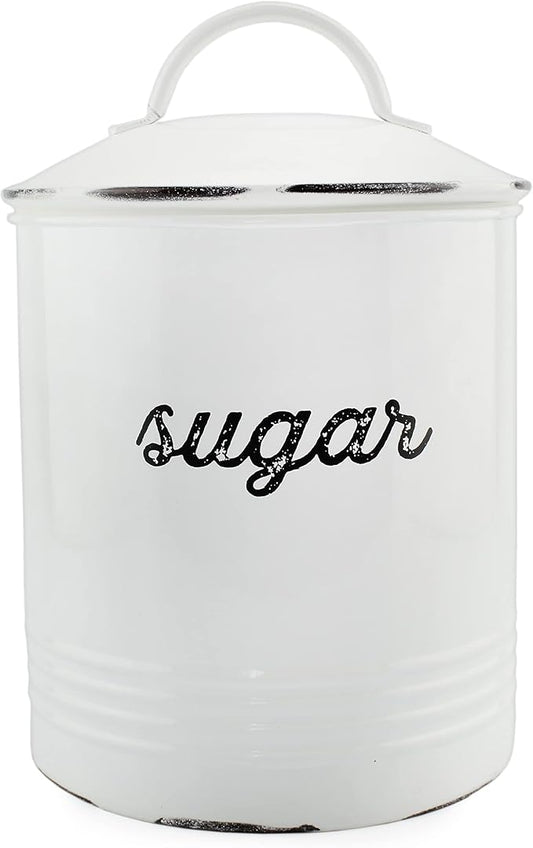 AuldHome Design Enamelware White Sugar Canister; Rustic Distressed Style Staples Storage for Kitchen