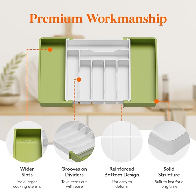 Lifewit Silverware Drawer Organizer, Expandable Utensil Organizer for Kitchen Drawers, Adjustable Cutlery and Flatware Tray, Plastic Spoons Forks Knives Holder Storage Dividers, Large, Green&White