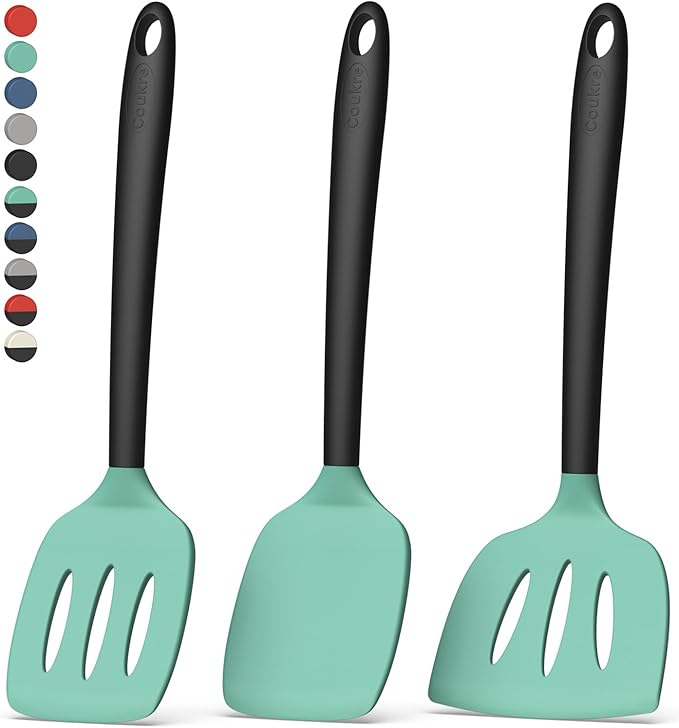 Coukre 3 Pack Silicone Spatula Set, High Heat Resistant, BPA-Free, Fish Spatula, Solid & Slotted Turner for Non-Stick Pans, Flipping Eggs, Pancakes, Fish, Burgers (3, AquaGreenBlack)