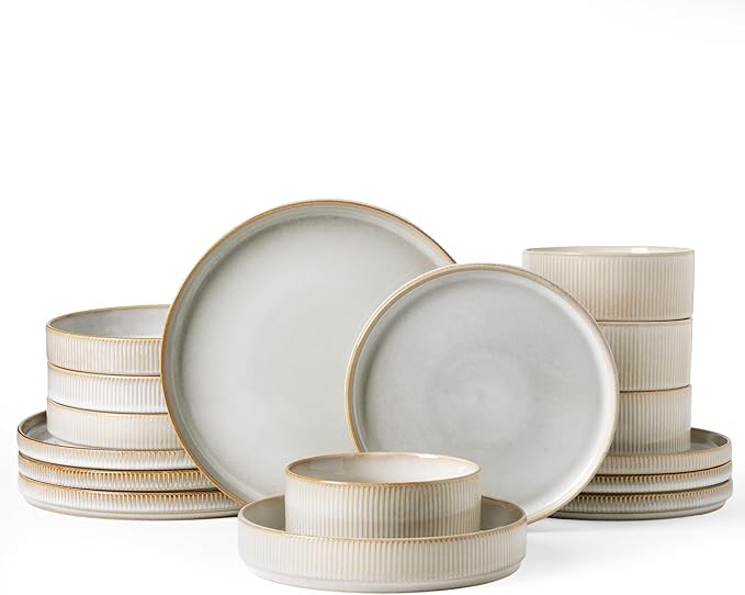 Famiware Star Dinnerware Set with Pasta Bowls, Service for 4 (16pcs), Ribbed Stoneware Plates and Double Bowls Dishes Sets - Chip & Scratch Resistant, Microwave & Dishwasher Safe, Cappuccino White