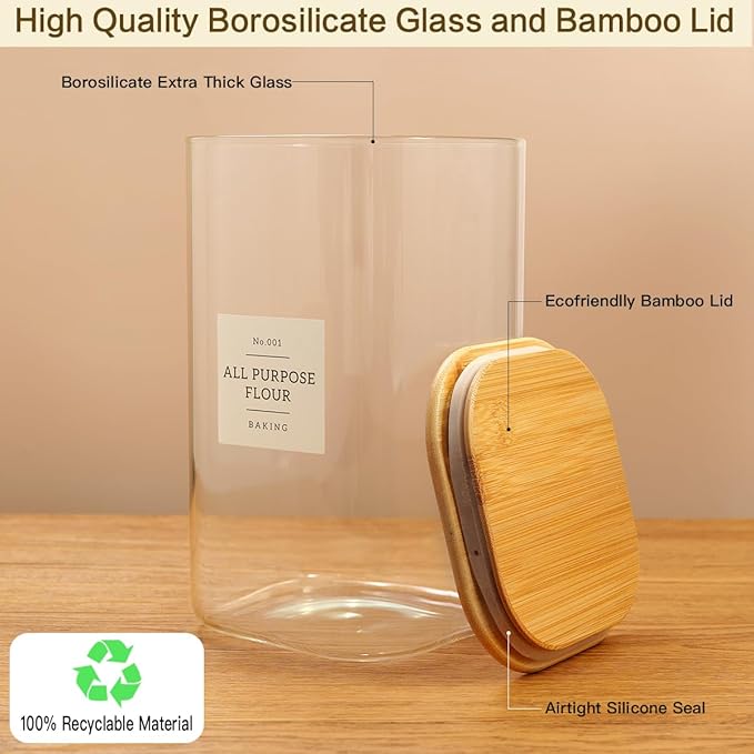 Large glass flour and sugar containers with 132 Kitchen Pantry Labels - 1 Gallon Glass Food Storage Containers with Airtight Lids - Square Glass Jars Rice with Bamboo Lids