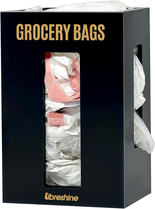 Extra Large Bamboo Plastic Bag Holder Black- Under Sink, Cabinet & Wall Mount Storage - Multipurpose Gorcery Bag Organizer with Space-Saving Design for Kitchen, Pantry, Bathroom, Garage