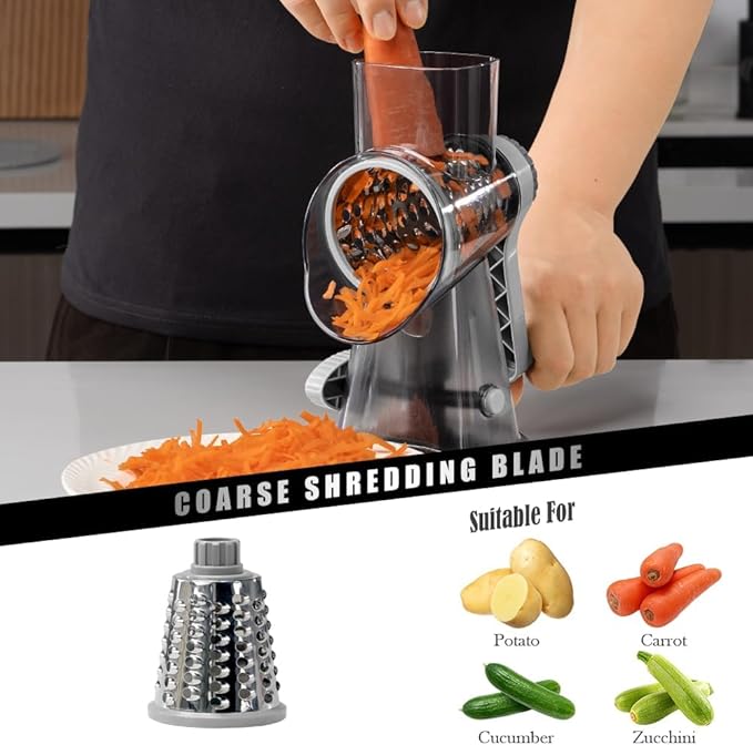 Cheese Grater Hand Crank Rotating Cheese Shredder Stainless Steel Vegetable Slicer Grater for Kitchen 3 Blades for Cheese, Carrot, Cucumber, Nuts, Chocolate, Dark Grey