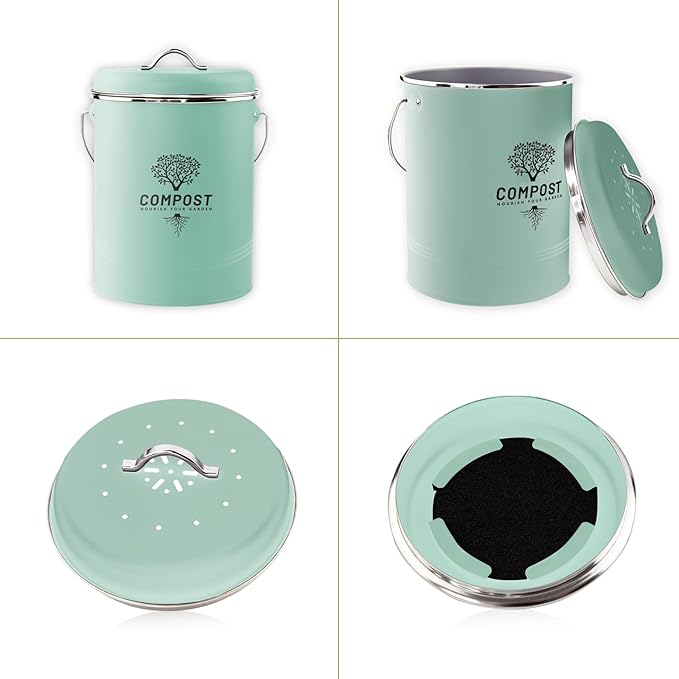 Kitchen Countertop Compost Bin, Odor Resistant Indoor Compost Bin with Lid and Charcoal Filter, Rust Resistant Coated Compost Bucket, Compost Container, Mint