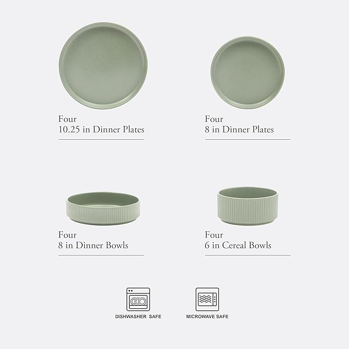 Gibson Elite Deerfield 16-Piece Stoneware Dinnerware Set – Matte Green Stackable Plates and Bowls, Reactive Glaze Finish, Service for 4 – Microwave & Dishwasher Safe