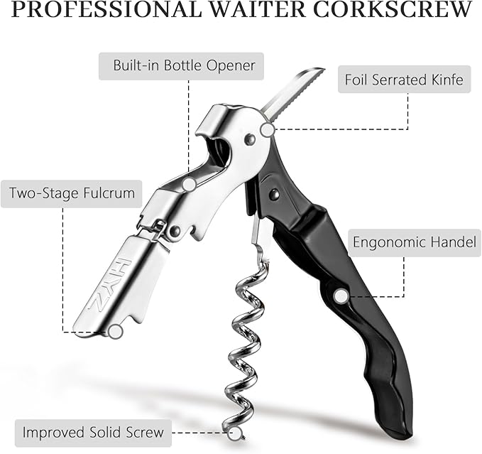 HYZ 2-Pack Wine Opener Waiter Corkscrew, Professional Wine Key for Servers, Bartender, with Foil Cutter, Manual Wine Bottle Opener Double Hinged (Black)