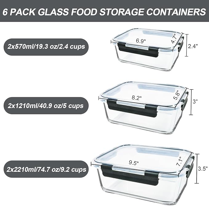 M MCIRCO 74.7oz(9.2 cup), 40.9oz(5 cup)& 19.3oz(2.4 cup) Extra Large Glass Food Storage Containers Set with Lids, 6 Pack Airtight Glass Storage Container for Microwave,Oven,Freezer Dishwasher