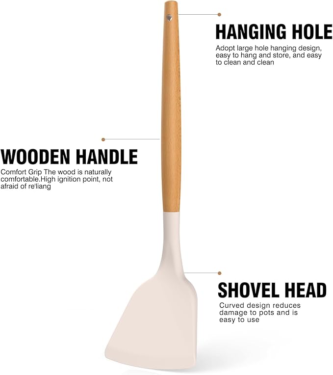 Silicone Cooking Utensils Set - Silicone Kitchen Utensils for Cooking Wooden Handles, 446°F Heat Resistant Kitchen Utensil Spatula Sets w Holder, Gadgets for Non-Stick Cookware BPA FREE (Khaki)