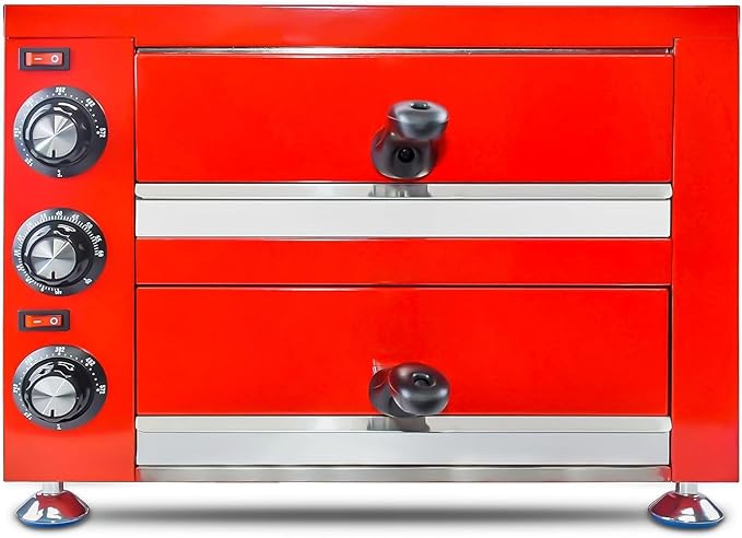 Commercial 12” Electric Pizza Oven,Indoor Pizza Oven, Double Stainless Steel Pizza Maker with Timer for Restaurant, Red, 1100W