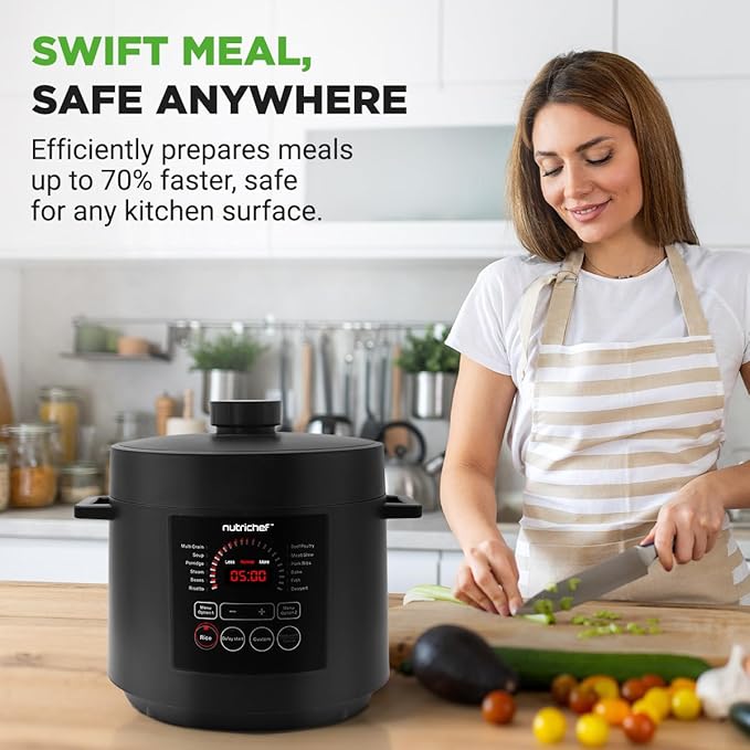 NutriChef Electric Pressure Cooker 6 Quart Capacity | 9 Function Digital Countertop Pressure Cooker | Adjustable Time & Temperature | Cook, Bake, Steam, Broil, & Braise | 13.1 x 11.4 IN | Black