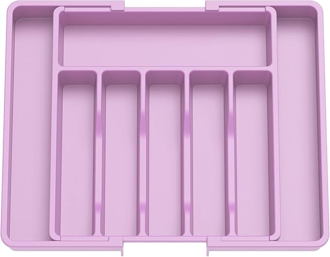 Lifewit Silverware Drawer Organizer, Expandable Utensil Tray for Kitchen, BPA Free Flatware and Cutlery Holder, Adjustable Plastic Storage for Spoons Forks Knives, Large, Purple
