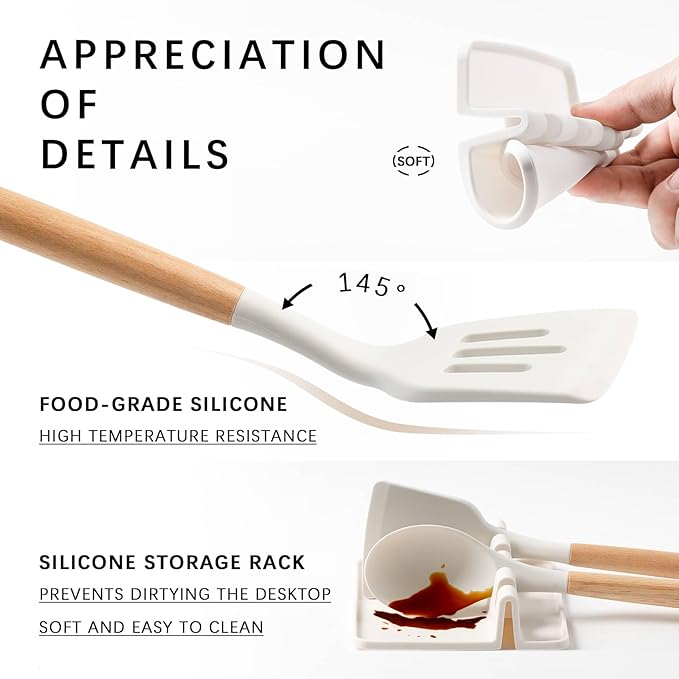 Silicone Cooking Utensils Set with Wooden Handles, 4-Piece Spatula Set and Spoon Rest — Heat Resistant, Non-Stick Kitchen Utensils, Silicone Spoons for Cooking, Multi-Purpose Spatula Spoon