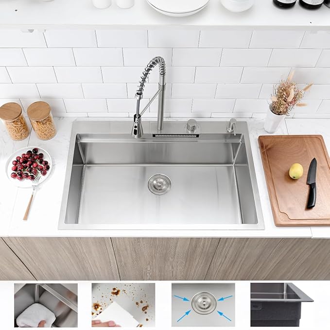 33 Inch Drop In Waterfall Kitchen Sink, 33x22 Drop in Kitchen Sink Waterfall Single Bowl Workstation 16 Gauge Stainless Steel Topmount Large Sinks with Faucet Combo