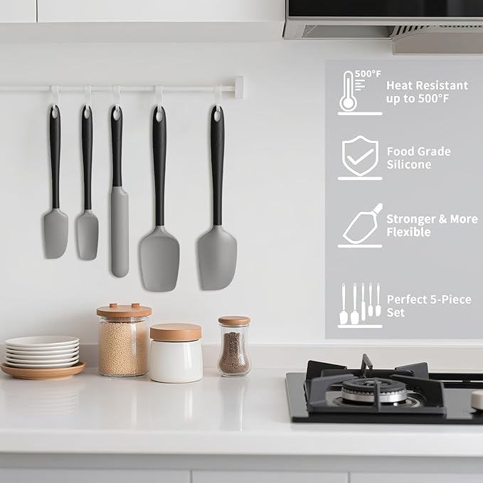 Coukre Silicone Spatula Set of 5,High Heat Resistant, Food Grade Silicone, Upgraded Extended Reinforced Handle,Dishwasher Safe, for Baking, Cooking (Gray Black, Color block)