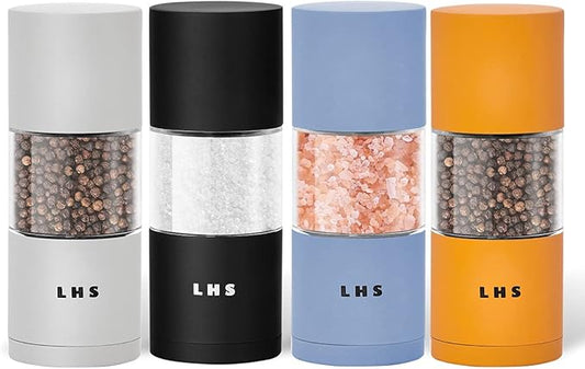 LHS Premium Salt and Pepper Grinder Set, Stainless Steel Salt Pepper Shakers Set, Refillable Peppercorn Grinder and Sea Salt Mill with Adjustable Coarseness for Kitchen Use - 4.6 Inches(Set of 4)