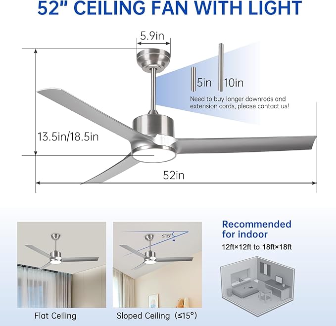 52 Inch Modern Silver Ceiling Fan with Filters Lights Remote Control, Quiet DC Motor/Dimmable 3 Color LED/6 Speed High CFM/3 Blade Indoor Ceiling Fans for Bedroom/Living Room