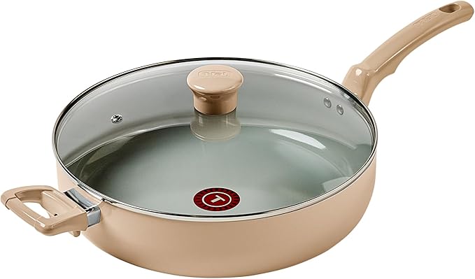 T-fal Refresh Ceramic Nonstick Ceramic Frying Pan with Lid 5 Qt, Cookware, Stay-Cool Handle, Skillet, Pots and Pans, Sand Beige