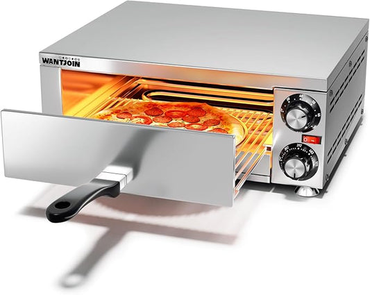 Wantjoin Pizza Oven Indoor - Electric Pizza Ovens Countertop Stainless Steel Commercial Pizza Maker Fits 12" Pizzas, With Timer Crumb Tray, 110W, For Home, Bars, Food Trucks