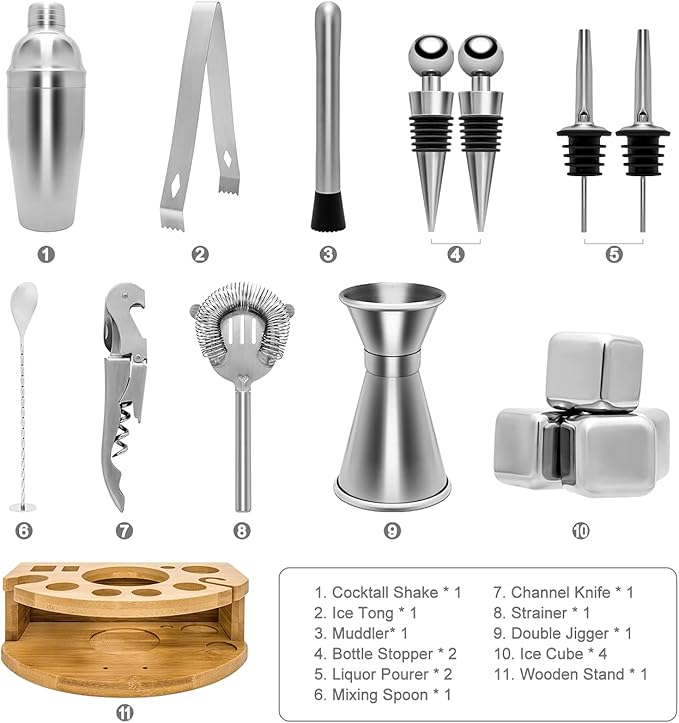 Stainless Steel Cocktail Shaker Set, 24oz/750ml Bartender Kit Includes Strainer and Stir Stick for Home, Bar, Party, Bar Accessories for The Home Bar Set (25oz-17pcs)