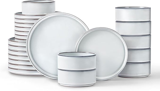 LIANYU Plates and Bowls Dinnerware Sets for 8, 24 Piece Stoneware Tableware Dishes Set Includes Dinner Dessert Plate Cereal Bowl, Rustic Terracotta Underside, Dishwasher & Microwave Safe, Lucent White