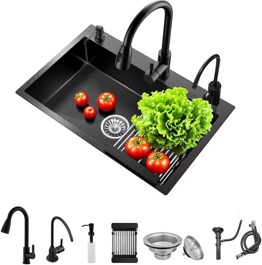 Black Drop in Kitchen Sink, Stainless Steel Single Bowl Sink with 3 Holes, Topmount Workstation Sink, Farmhouse Rectangle Basin with Multiple Accessories (25.6 * 17.7 * 7.9in)