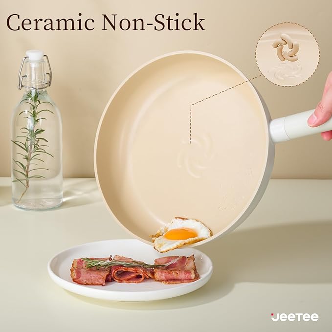 JEETEE Ceramic Cookware Set, 15 PCS Pots and Pans Set Non Stick with Removable Handles, Non Toxic Induction Kitchen Cookware Sets, Oven Safe PFAS/PTFE/PFOA Free Cream