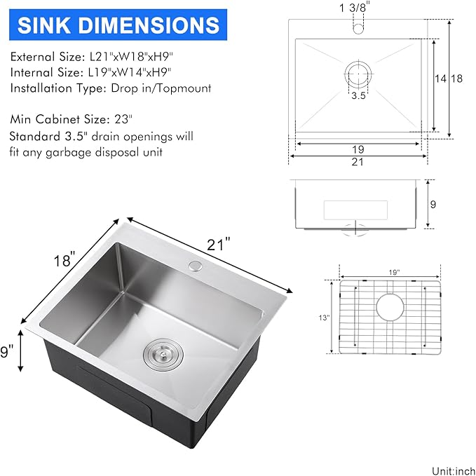MENATT 21 x 18 inch Drop in Kitchen Sink, 18 Gauge Stainless Steel Single Bowl Topmount Kitchen Sink with Drain Assembly & Grid, Brushed Nickel