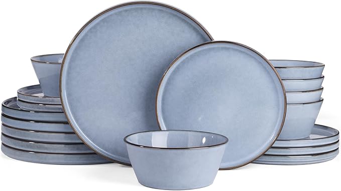 Famiware Annecy Dinner Plates and Bowls Sets, Stoneware Dinnerware Sets, Dishes Set for 6, 18 Pieces Handmade Dishware Set - Microwave & Dishwasher Safe, Double Reactive Glaze Tableware, Reactive Blue