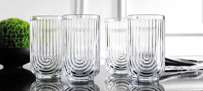 Glaver's Drinking Glasses Set of 8. 17oz Vintage Drinking Cups. Ripple Cocktail Glasses, Ribbed Drinking Highball Glass Cups. Arch Designed Art Deco Glassware for Water Juice Coffee. Package may Vary
