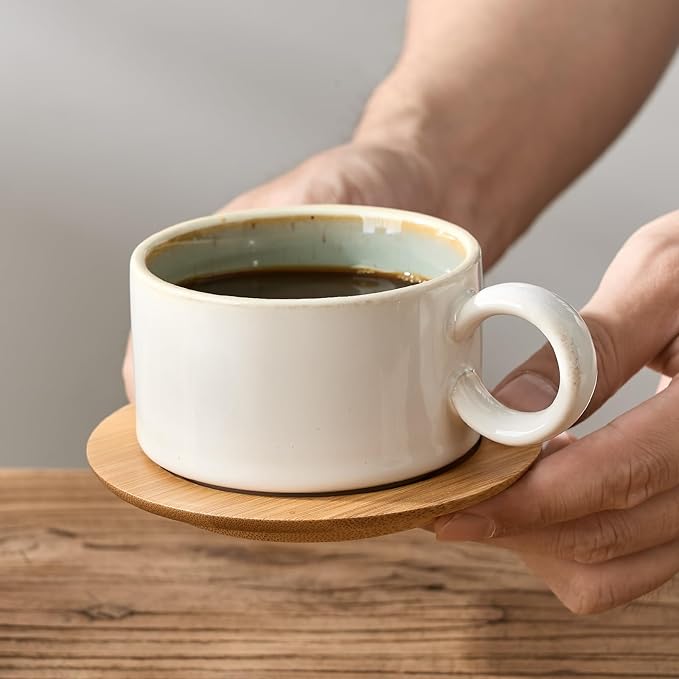 LUKA 6 Ounce Porcelain Stackable Espresso Cups with Saucers and Metal Stand Set of 4, Ceramic Cappuccino Cups Set for Specialty Coffee Drinks, Latte, Cafe Mocha and Tea, White Green Interior