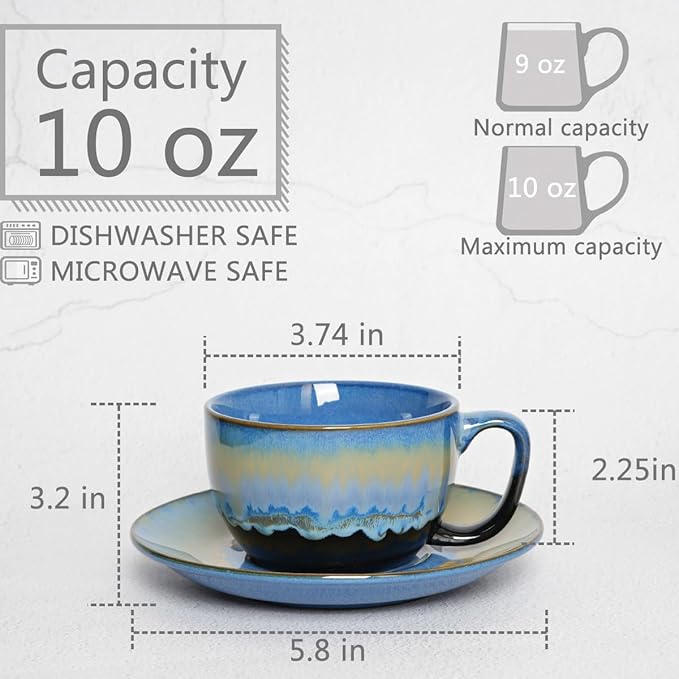 Bosmarlin Ceramic Cappuccino Cup and Saucer Set of 2, 10 Oz, Dishwasher and Microwave Safe, Coffee Cups for Latte, Espresso, Tea, Reavtive Glaze (Blue, 10 oz)
