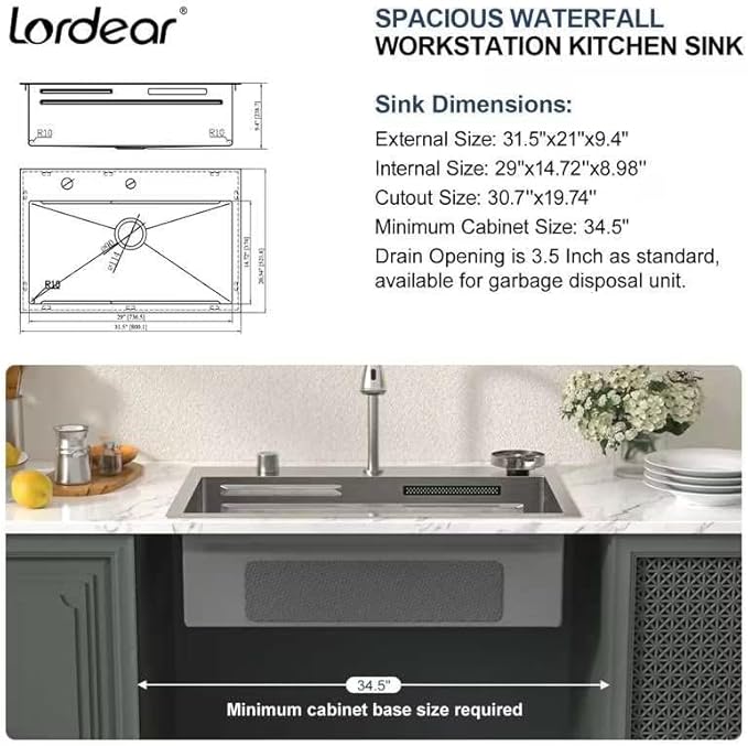 Lordear 31 Drop Kitchen Sink with Faucet Combo - 31"x20" Waterfall Kitchen Sink Workstation Stainless Steel 16 Gauge Single Bowl Topmount Handmade Sinks with Pull Out Faucet
