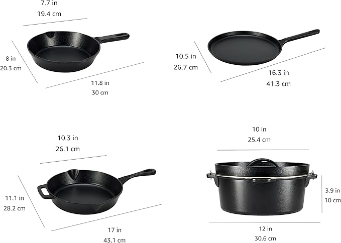 Amazon Basics Pre-Seasoned Cast Iron 5 Pieces Kitchen Pots and Pans Cookware Set, Black, 14.17 x 12.2 x 10.63 in