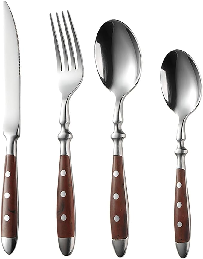 IKXO 16 Pieces Brown Gum Wood Handle Silverware Set for 4, Exquisite Ergonomic Flatware Set Food-Grade Stainless Steel Cutlery Set, Tableware Eating Utensils, Mirror Finished, Dishwasher Safe