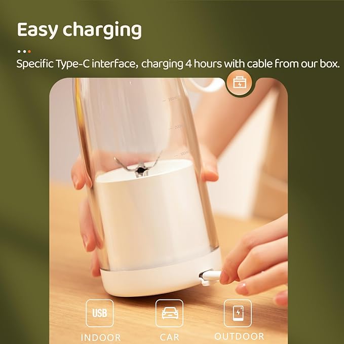 Asa Vea Mini Blender for Smoothies and Milkshakes, Portable Blender, Rechargeable, Personal Size Blender with Quota Outer Travel Lid with 4 Blades, 11 oz for Outdoors, Camping (Pink-550ml)