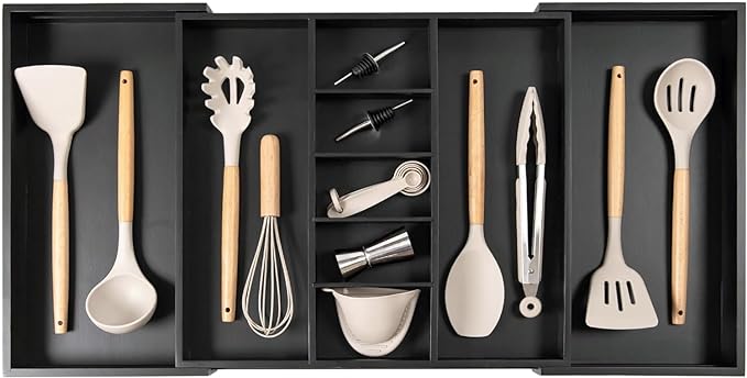 KitchenEdge Adjustable Kitchen Drawer Organizer for Utensils and Junk, Food-Safe Contract Grade with 100% Sustainable Wood, Expandable from 19 to 33 Inches Wide - Black Bamboo