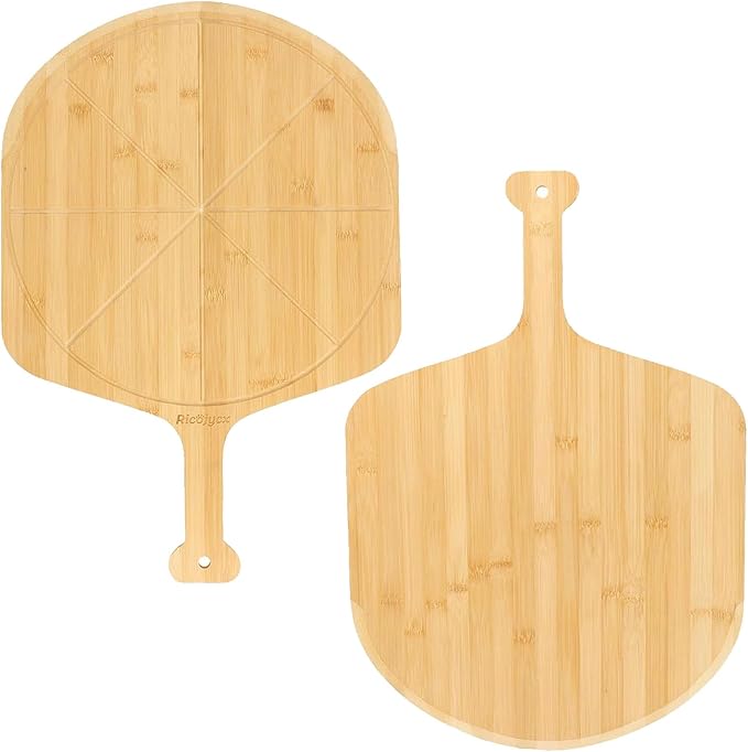 12 inch Bamboo Pizza Peel with 8 Slice Grooves, Double-Sided Use Pizza Cutting Board for Pizza, Bread, Cheese, Vegetable, Fruits (1 PCS)