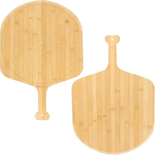 12 inch Bamboo Pizza Peel with 8 Slice Grooves, Double-Sided Use Pizza Cutting Board for Pizza, Bread, Cheese, Vegetable, Fruits (1 PCS)