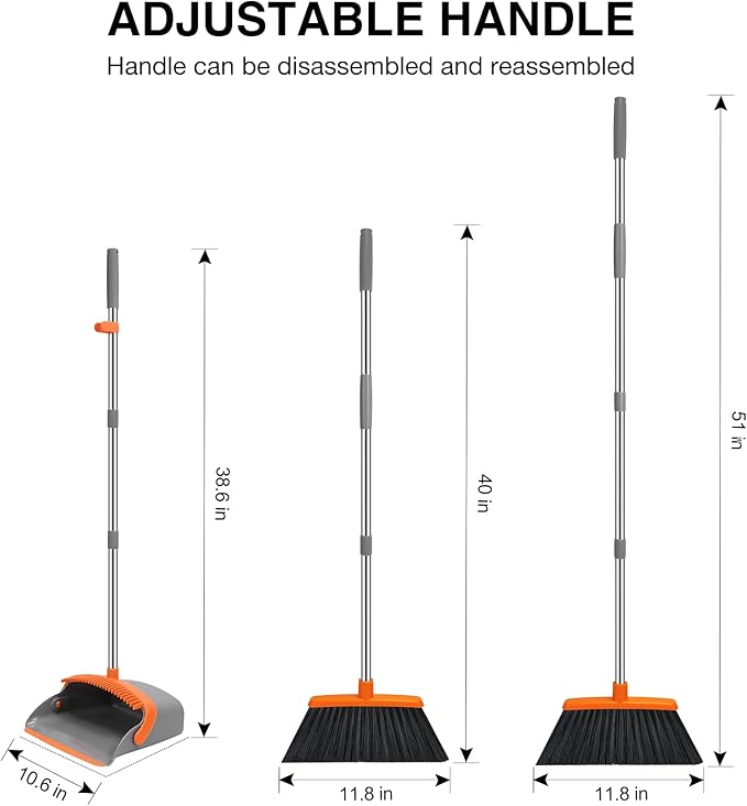 NACENA Broom and Dustpan Set, 52-in Long Adjustable Handle Broom Dustpan Combo with Dustpan Teeth to Automatically Clean Hair Suitable for Home Kitchen Office Hall Floor（Grey&Orange）