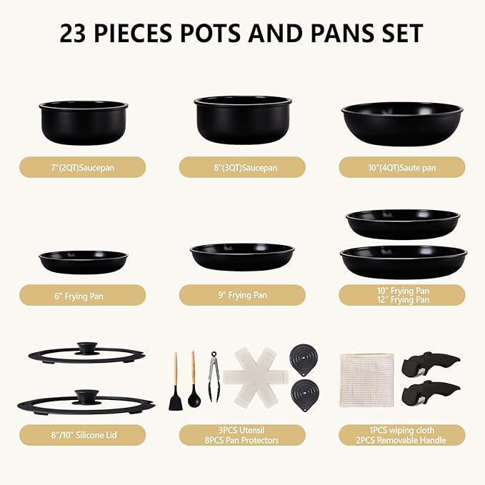 ROVSUN 23 Pcs Nonstick Pots and Pans Set, Cast Aluminum Kitchen Cookware Set with Detachable Handles, RV Kitchen Cooking Set and Utensils, Dishwasher Safe, PFAS PFOA & PFOS Free, Black