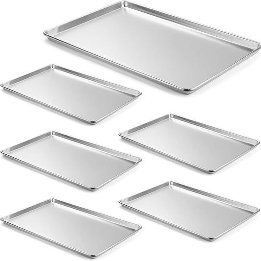 CURTA 6 Pack Aluminum Sheet Pan, NSF Listed Full Size 26 x 18 inch Commercial Bakery Cake Bun Pan, Baking Tray