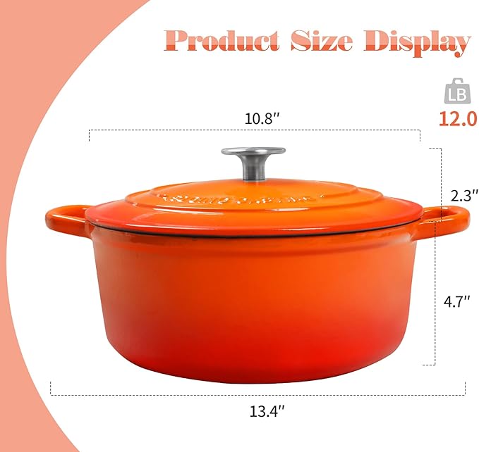 Enameled Cast Iron Dutch Oven, 5.5 Quart, Round Cast Dutch Ovens Pot with Lid Dual Handle for Bread Baking, Oven Safe up to 500°F, Orange