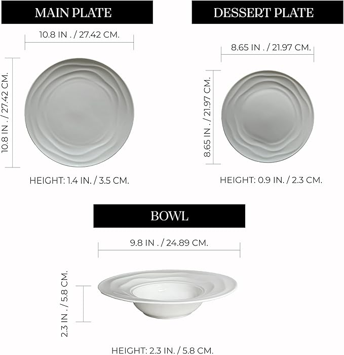 White Porcelain Dinnerware Set for 4–12-Piece Plates and Bowls Sets with Natural Waves – Durable, Microwave, Oven, Dishwasher Safe, Scratch Resistant Modern China Dish Set, stylish, everyday tableware