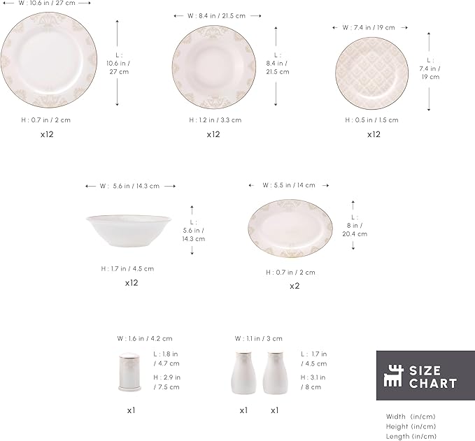 Karaca Siena 53-Piece Porcelain Plates and Bowls Set with Dinner & Dessert Plates, Shakers - Bone China Dishware Sets - Kitchen Dinnerware Set for 12 People