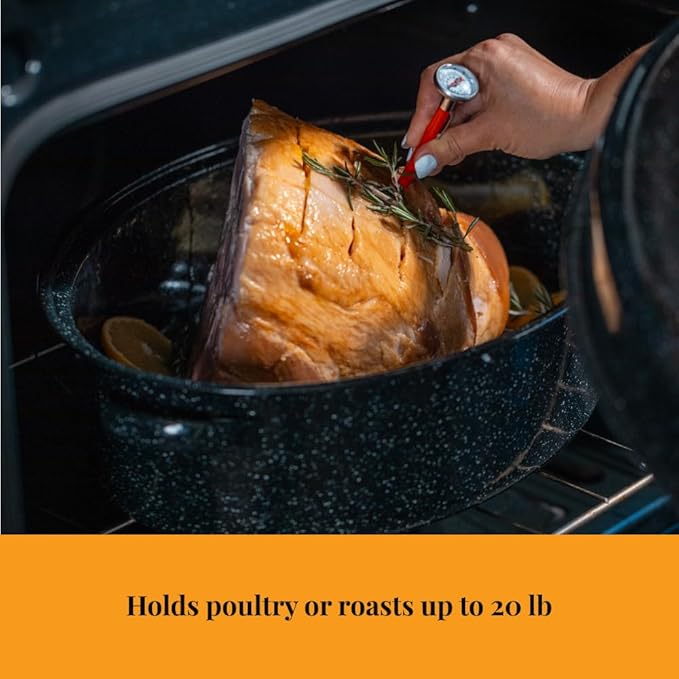 Granite Ware 19 in Oval Roaster Set (10pcs), includes Lid, Rack, 2 pack brining bags, oven/grill-safe meat Thermometer, Turkey Baster with silicone bulb, and a small brush.