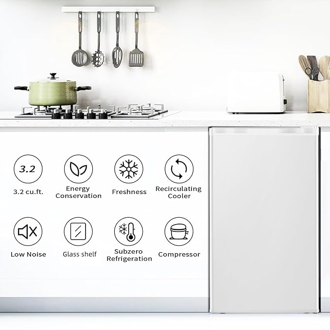 Antarctic Star Mini Compact Refrigerator with Freezer, 3.2 Cu.Ft. Single Door with Adjustable Thermostat,Removable Glass Shelves for Apartment/Dorm/Office,WHITE