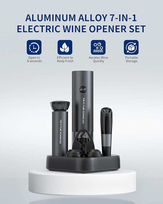 CIRCLE JOY Rechargeable Electric Wine Opener Set 7-in-1 Aluminum Alloy Wine Gift Set with Electric Corkscrew, Foil Cutter, Wine Pourer, Storage Base, Vacuum Pump and 2 Wine Stoppers
