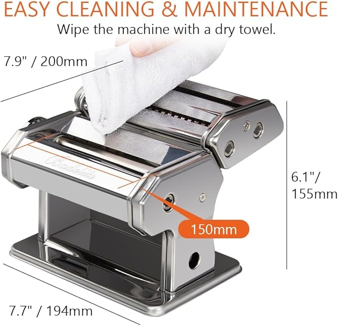 Pasta Maker Machine 150 Manual Pasta Machine with Roller & Cutter Adjustable 9 Thickness & 2 Width Hand Crank Noodles Maker for Spaghetti, Fettuccini, Lasagna