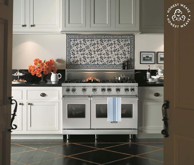 GOTS Certified Organic Cotton Kitchen Hand and Dish Towel Sets - Oversized 20x30 inches, Fully Hemmed, in Designer Colors, 6-Pack, Dusty Blue Stripe