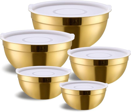 Gold Mixing Bowls with Airtight Lids, Stainless Steel Nesting Mixing Bowls Set of 5, Ideal for Baking, Prepping and Serving Food, Size 5.5, 3.6, 2.7, 2.1, 1.5, QT, Stackable Design